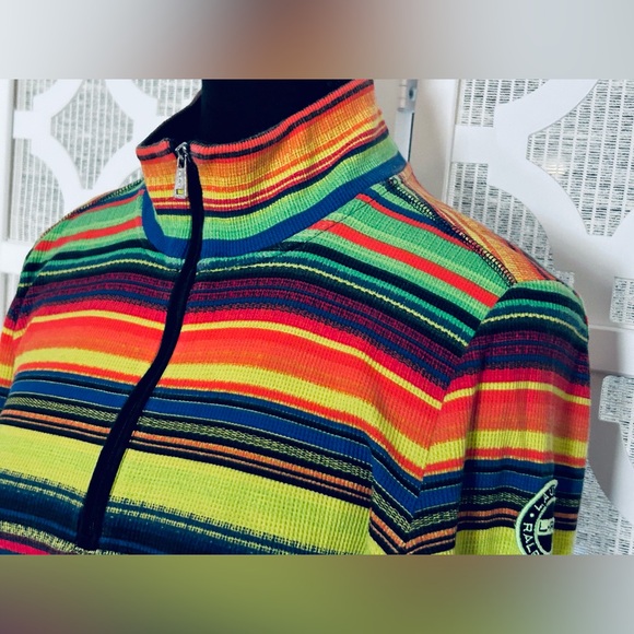 RALPH LAUREN Active Multicolor Striped Top Zip Logo Orange Yellow Blue Medium - Picture 3 of 15